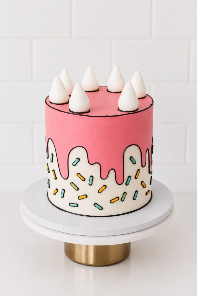 Cartoon-Style Birthday Cake - pink comic art drip cake with meringue peaks