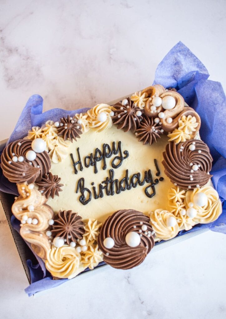 Last Minute Birthday Cake - slab cake with Happy Birthday piping and chocolate rosettes