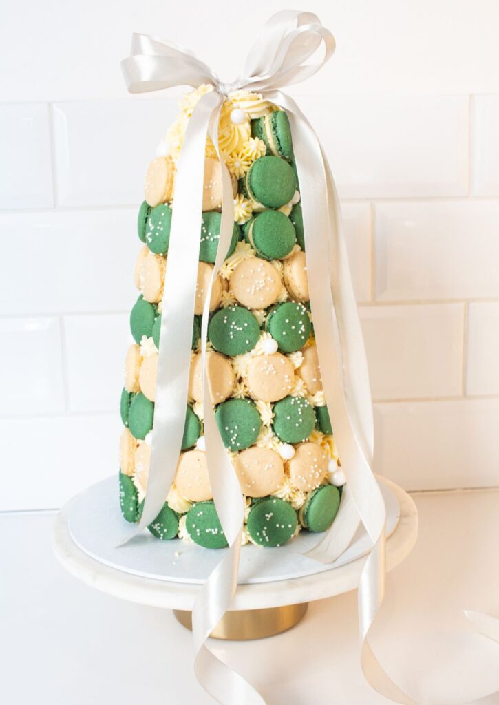 Macaron Dessert Tower - full tower with silver ribbon bow on white gold cake stand