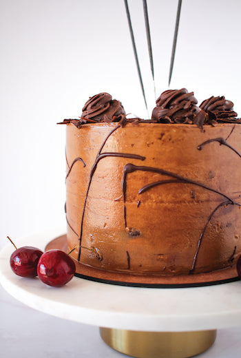 Rum Chocolate Mousse Cake - side view with chocolate drizzle and cherry garnish
